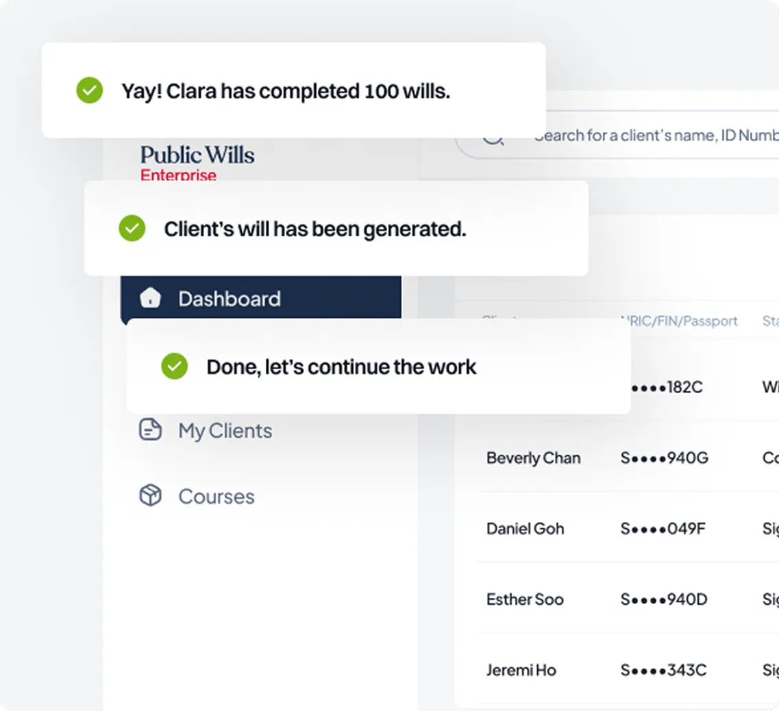 Public Wills dashboard with client management and milestone notifications