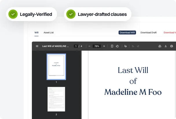 Public Wills will editor showing legally-verified, lawyer-drafted document