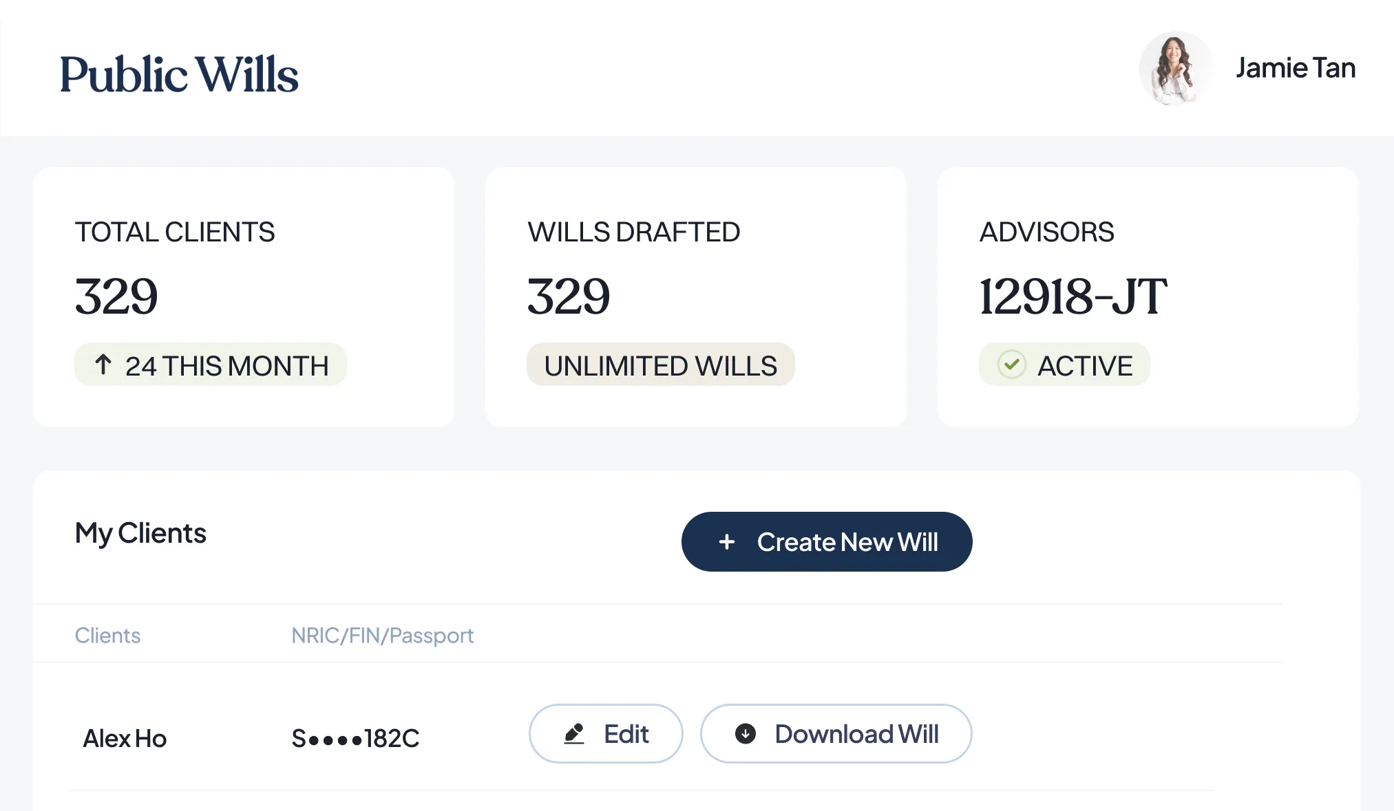 Public Wills dashboard — 329 clients served, unlimited wills drafted, and a client list with one-click will drafting