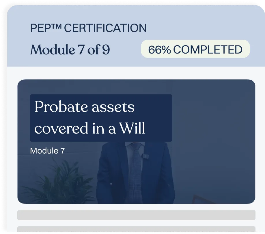PEP™ Certification progress card — Module 7 of 9, 66% completed